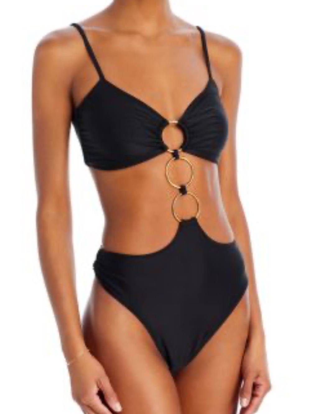 Ramy Brook Sz S Swimsuit Zayla Black Silver O-Ring-Front One-Piece Summer Beach。
